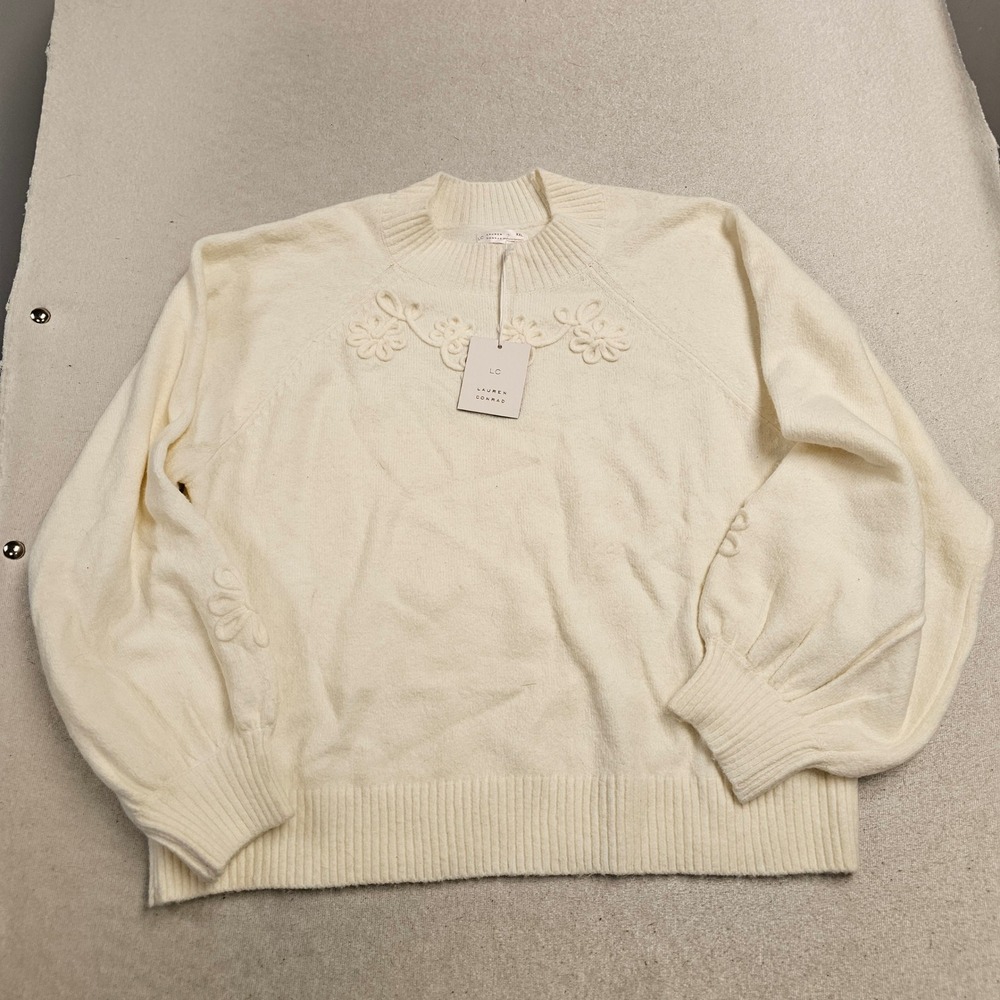 Lauren Conrad Womens XXL Ivory Silk Floral Embroidered Crew Sweater WL53S015RS2